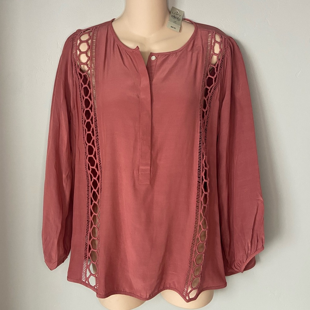 NWT LOFT $69.50 Mauve Button Down Round Neck Long Sleeve Too SZ L Petite - Picture 2 of 9